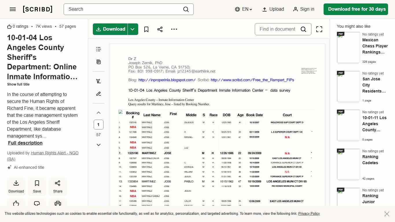 10-01-04 Los Angeles County Sheriff's Department: Online Inmate Information Center - Data Survey - Jose Martinez S PDF Bail Arrest
